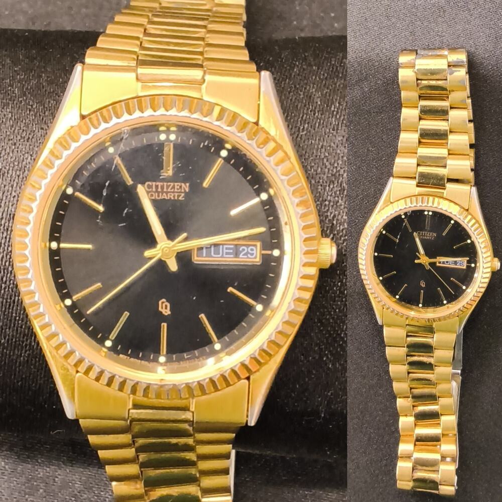 Vintage Citizen Presidential Watch Gold Tone Round Black Face Date #W5144